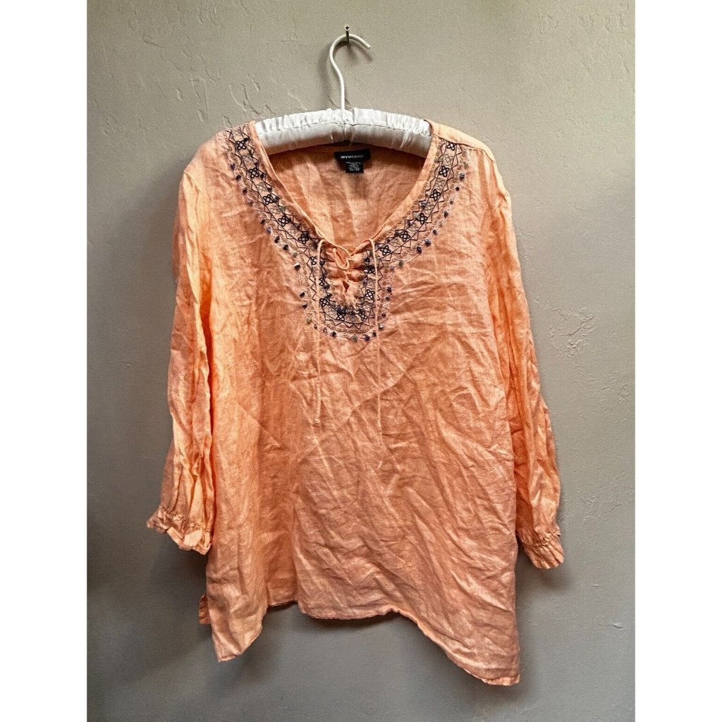 Avenue Women's Size 22/24 Top Long Sleeve Beaded Lace-Up Linen Blouse Orange